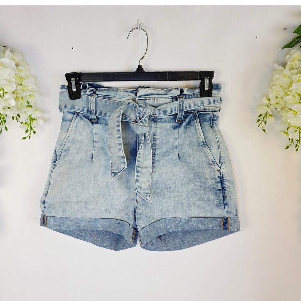 Express Denim Paperbag Shorts Size 4 Shortie Super High Rise Acid Wash Tie Waist
